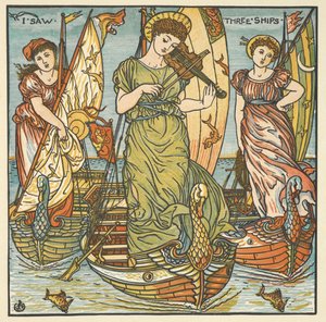 Kolorowa ilustracja do „Widziałem trzy statki”. Trzy kobiety, jedna grająca na skrzypcach, stojące na statkach. autorstwa Walter Crane