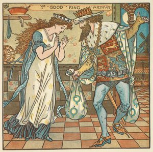 Kolorowa ilustracja do „Króla Artura”. Król Artur i jego Królowa z workiem składników do zrobienia puddingu śliwkowego. autorstwa Walter Crane
