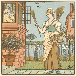 Kolorowa ilustracja dla „kup miotłę”. Młoda kobieta sprzedająca miotły. autorstwa Walter Crane