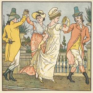 Kolorowa ilustracja do „na moście w Awinionie”. Tańczące dwie pary. autorstwa Walter Crane