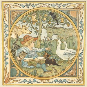 Kolorowa ilustracja „własnego ezopa dziecka”. Dziecko w ogrodzie otoczonym zwierzętami. autorstwa Walter Crane