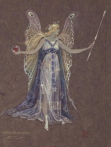 Projekt kostiumu dla Księżniczki Wróżek Arielli z bałwana (akwarela na brązowym papierze) autorstwa Walter Crane