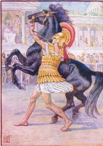 Podbiegł do konia i chwycił uzdę, ilustracja z Historii Grecji, lata 30. XX wieku autorstwa Walter Crane