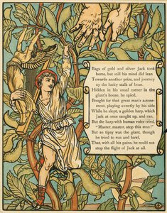 Jack schodzący po Beanstalk z pubu Jack and the Beanstalk. 1875 kolorowa litografia, 1875.