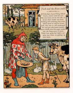 Jack sprzedaje swoją krowę za fasolę, z książki The Blue Beard Picture Book, pub. 1879 kolorowa litografia, 1879. autorstwa Walter Crane