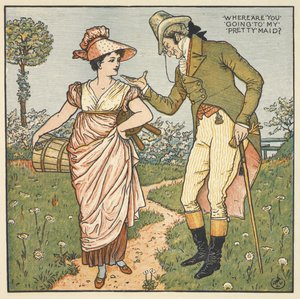 „Moja śliczna służąca”. Dżentelmen rozmawiający z młodą kobietą. autorstwa Walter Crane
