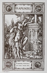 Roszpunka wychyla się z okna wieży, podczas gdy książę wspina się po jej włosach. autorstwa Walter Crane