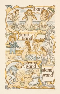 Rymowanki kończące się na literę D. Syreny. Dzieci budują zamki z piasku na plaży. Złoty podkład. autorstwa Walter Crane