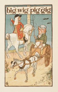 Rymowanki kończące się na literę G. Ilustracja przedstawiająca świnię jadącą na koniu, a drugą prowadzącą wóz. Złoty podkład. autorstwa Walter Crane