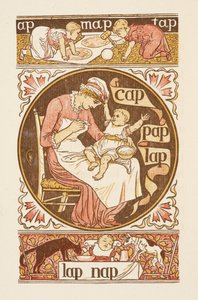 Rymowanki kończące się na literę P. Ilustracja przedstawiająca kobietę karmiącą dziecko. Złoty podkład. autorstwa Walter Crane