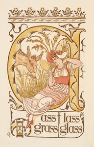 Rymowanki kończące się na literę S. Kobieta trzymająca lusterko do twarzy. Złoty podkład. autorstwa Walter Crane