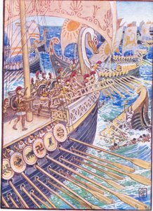 Statek uderzał w statek, aż zmarli perscy rozrzucili głębię jak kwiaty, ilustracja z Historii Grecji, lata 30. XX wieku autorstwa Walter Crane