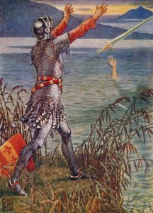 Sir Bedivere rzuca miecz Excalibur do jeziora, 1911. autorstwa Walter Crane