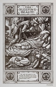 Śpiąca Królewna śpi w otoczeniu śpiącego psa i instrumentu muzycznego, podczas gdy Książę z Bajki czuwa nad nią. autorstwa Walter Crane