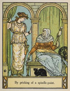 Śpiąca Królewna stoi obok starej kobiety z kołowrotkiem i nicią. Pod spodem siedzi czarny kot. autorstwa Walter Crane