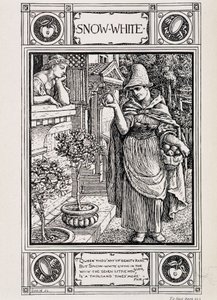Królewna Śnieżka i wiedźma pielęgnująca jabłko - w „Opowieściach z domu z kolekcji Bros Grimm”, tłumaczone z niemieckiego przez Lucy Crane, Londyn mac millan & Co ltd autorstwa Walter Crane