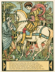Książę pyta o drogę, z The Blue Beard Picture Book, wyd. 1879 kolorowa litografia, 1879. autorstwa Walter Crane