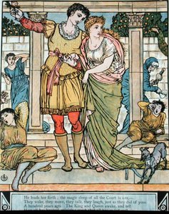 Książę ratujący księżniczkę, ilustracja do „Śpiącej królewny” Charlesa Perraulta (1628-1703) (kolorystyka) autorstwa Walter Crane