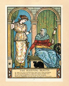 Księżniczka uczy się kręcić, z książki The Blue Beard Picture Book, pub. 1879 kolorowa litografia, 1879. autorstwa Walter Crane