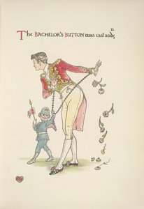 Guzik parterowy. Młody mężczyzna skuty kajdankami; Kupidyn prowadzi go autorstwa Walter Crane