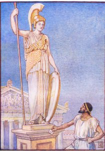 Postać bogini była olbrzymia, ilustracja z Historii Grecji, lata 30. XX wieku autorstwa Walter Crane