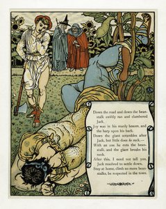 Olbrzym łamie sobie kark”, z książki Obrazkowa Niebieska Broda, wyd. 1879 (kolor lito) autorstwa Walter Crane