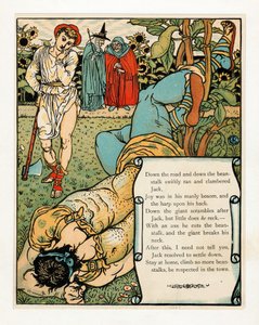 Olbrzym łamie sobie kark”, z książki Obrazkowa Niebieska Broda, wyd. 1879 kolorowa litografia, 1879. autorstwa Walter Crane