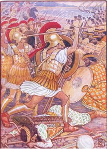 Z ogromną siłą zderzyli się z armią perską, ilustracja z Historii Grecji, lata 30. XX wieku autorstwa Walter Crane