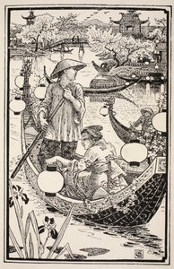 Kiedy nadszedł wieczór, wsiedli do swojej łodzi i ozdobili ją kwiatami od dziobu do rufy, ilustracja z "Mrs Burton Harrison