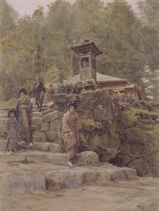 „Podejście do wiejskiej kapliczki”, ilustracja do „Japonia i Japończyków”, wyd. przez Methuen autorstwa Walter Frederick Roofe Tyndale