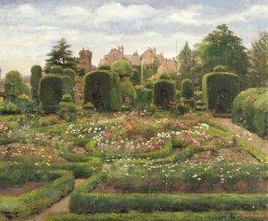 Ogrody Topiary, Levens Hall, Cumbria, 1886 (olej na płótnie ułożony na płycie) autorstwa Walter Frederick Roofe Tyndale