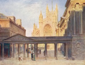 Wessex: Opactwo i pijalnia w Bath (kolorowa litografia) autorstwa Walter Frederick Roofe Tyndale