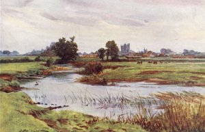 Wessex: The Stour, Wimborne Minster w oddali (kolorowa litografia) autorstwa Walter Frederick Roofe Tyndale