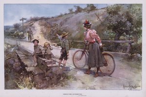 Organy konsultacyjne: kobieta wyszła na przejażdżkę rowerową pytając grupę dzieci o drogę (litografia kolorowa) autorstwa Walter Granville Smith