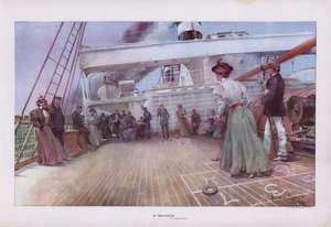 W Mid-Ocean: pasażerowie grający w shuffleboard na pokładzie statku (kolor lito)