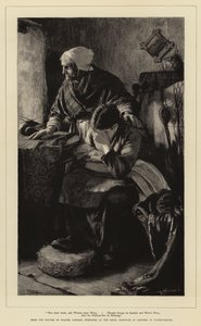 Mężczyźni muszą pracować, a kobiety muszą płakać, choć burze są nagłe i wody głębokie, a bar portowy jęczy. autorstwa Walter Langley