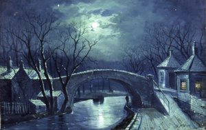 Redcote Bridge, Armley, by Moonlight (olej na płótnie) autorstwa Walter Linsley Meegan