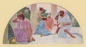Achilles w przebraniu uczennicy odkryty przez Odyseusza (kolorowa litografia)