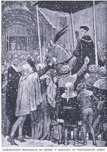Korowód koronacyjny Henryka V przybywający do Opactwa Westminsterskiego 1413, z Cassells History of the British People opublikowanej przez Waverley Book Company Limited, ok. 1940 r. autorstwa Walter Paget