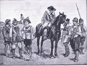 Rodzaje cromwellowskiej żołnierstwa, ilustracja z Historii narodu brytyjskiego wydanej przez Waverley, ok.1940 (lito) autorstwa Walter Paget
