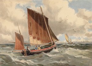 Francuski lugger stojący na morzu (kolorowa litografia) autorstwa Walter William May