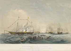 Zaokrętowanie księcia pruskiego Fryderyka Wilhelma IV (1795-1861) i jego żony Elżbiety Bawarskiej (1801-1873) na pokładzie statku Victoria and Albert w Gravesend, Anglia, 2 lutego. autorstwa Walter William May