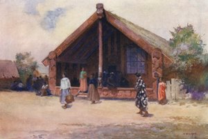 Nowa Zelandia: Rzeźbiony dom, Ohinemutu (kolorowa litografia)