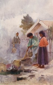 Nowa Zelandia: Gotowanie w gorącym źródle (kolorowa litografia)