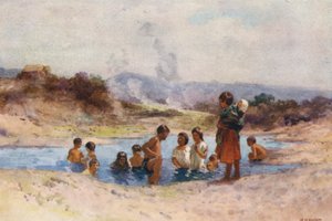 Nowa Zelandia: W gorącym basenie (kolorowa litografia)