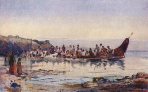 Nowa Zelandia: Powrót kajaka wojennego (kolorowa litografia)