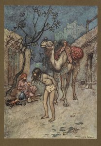 Tablica 16: „Poganiacz wielbłądów wysiadł, przywiązał wielbłąda do drzewa na miejscu i zaczął palić”.  Folk-Tales of Bengal ... Z 32 kolorowymi ilustracjami Warwicka Goble