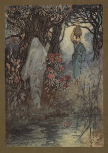 Tablica 18: „Żona Brahmana miała okazję iść do zbiornika, a gdy szła, została otarta przez Sankchinni”, z Folk-Tales of Bengal ... Z 32 kolorowymi ilustracjami Warwicka Goble