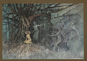 Tablica 19: „W momencie, gdy zadano pierwsze uderzenie, wiele duchów rzuciło się w kierunku Brahmana, z „Opowieści ludowych z Bengalu… Z 32 kolorowymi ilustracjami Warwicka Goble (Edition de luxe.) autorstwa Warwick Goble