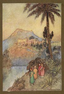 Tablica 27: "Zbliżyli się do wspaniałego zespołu budynków.", z Folk-Tales of Bengal ... Z 32 kolorowymi ilustracjami Warwicka Goble